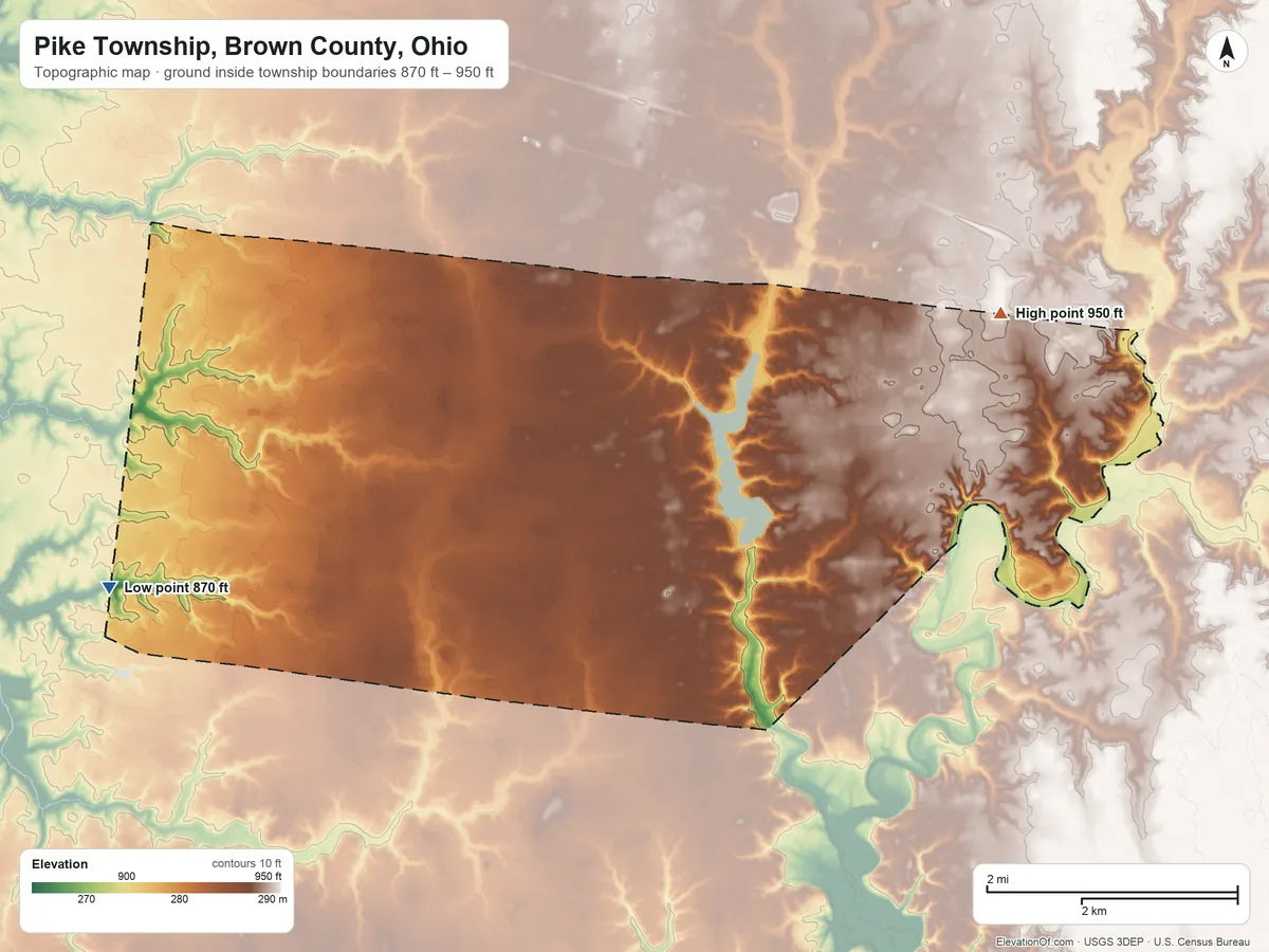 Topographic elevation map of Pike Township, Brown County, Ohio, shaded from 870 ft on the west side to 950 ft on the east side