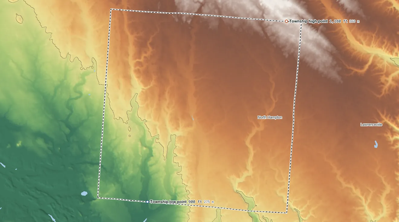 Topographic elevation map of Pike Township, Clark County, Ohio, shaded from 900 ft on the southwest side to 1,180 ft on the northeast side