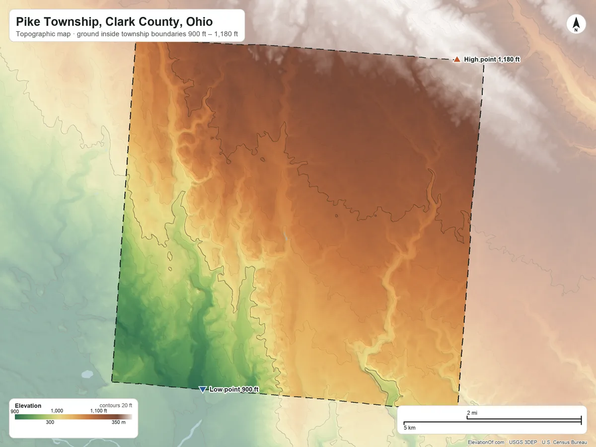 Topographic elevation map of Pike Township, Clark County, Ohio, shaded from 900 ft on the southwest side to 1,180 ft on the northeast side