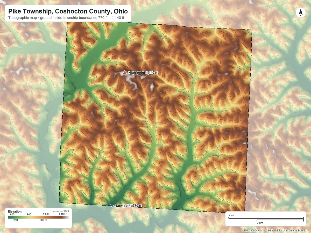 Topographic elevation map of Pike Township, Coshocton County, Ohio, shaded from 770 ft on the south side to 1,140 ft on the northwest side