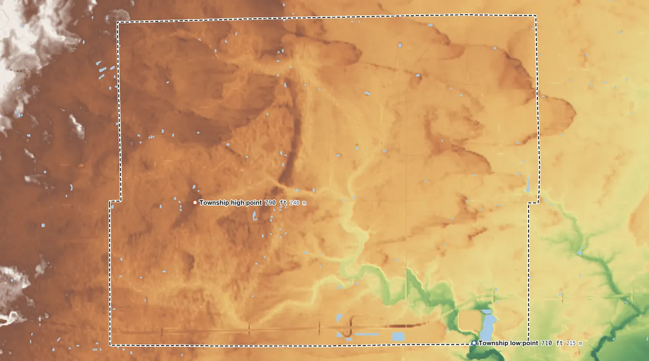 Topographic elevation map of Pike Township, Fulton County, Ohio, shaded from 710 ft on the southeast side to 790 ft on the west side