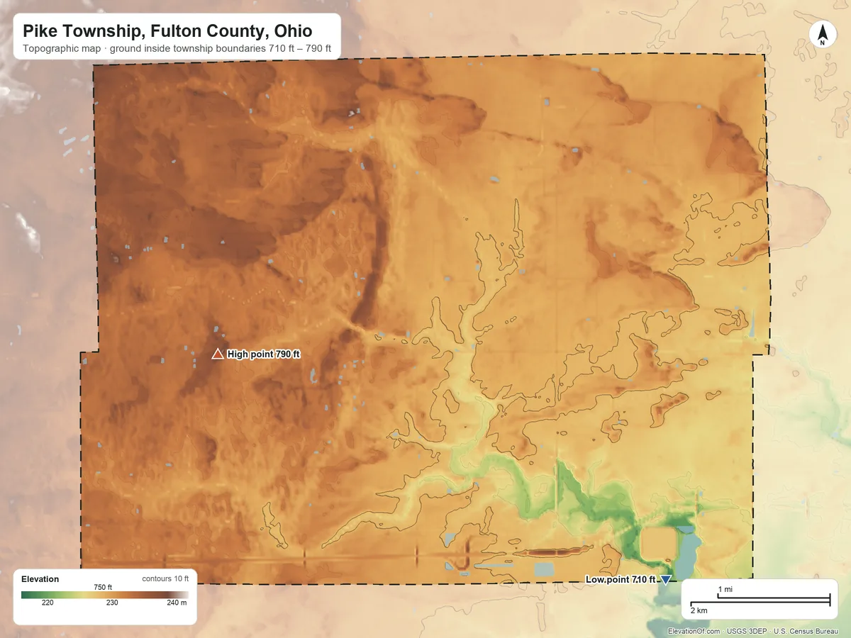 Topographic elevation map of Pike Township, Fulton County, Ohio, shaded from 710 ft on the southeast side to 790 ft on the west side