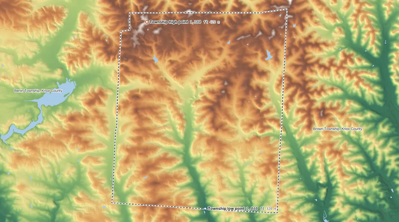 Topographic elevation map of Pike Township, Knox County, Ohio, shaded from 1,040 ft on the south side to 1,380 ft on the northwest side