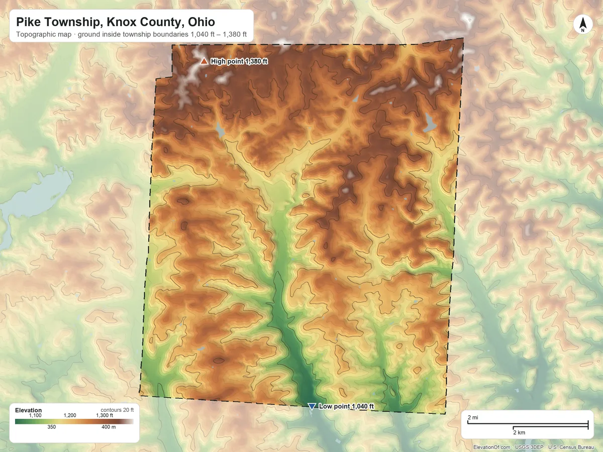Topographic elevation map of Pike Township, Knox County, Ohio, shaded from 1,040 ft on the south side to 1,380 ft on the northwest side