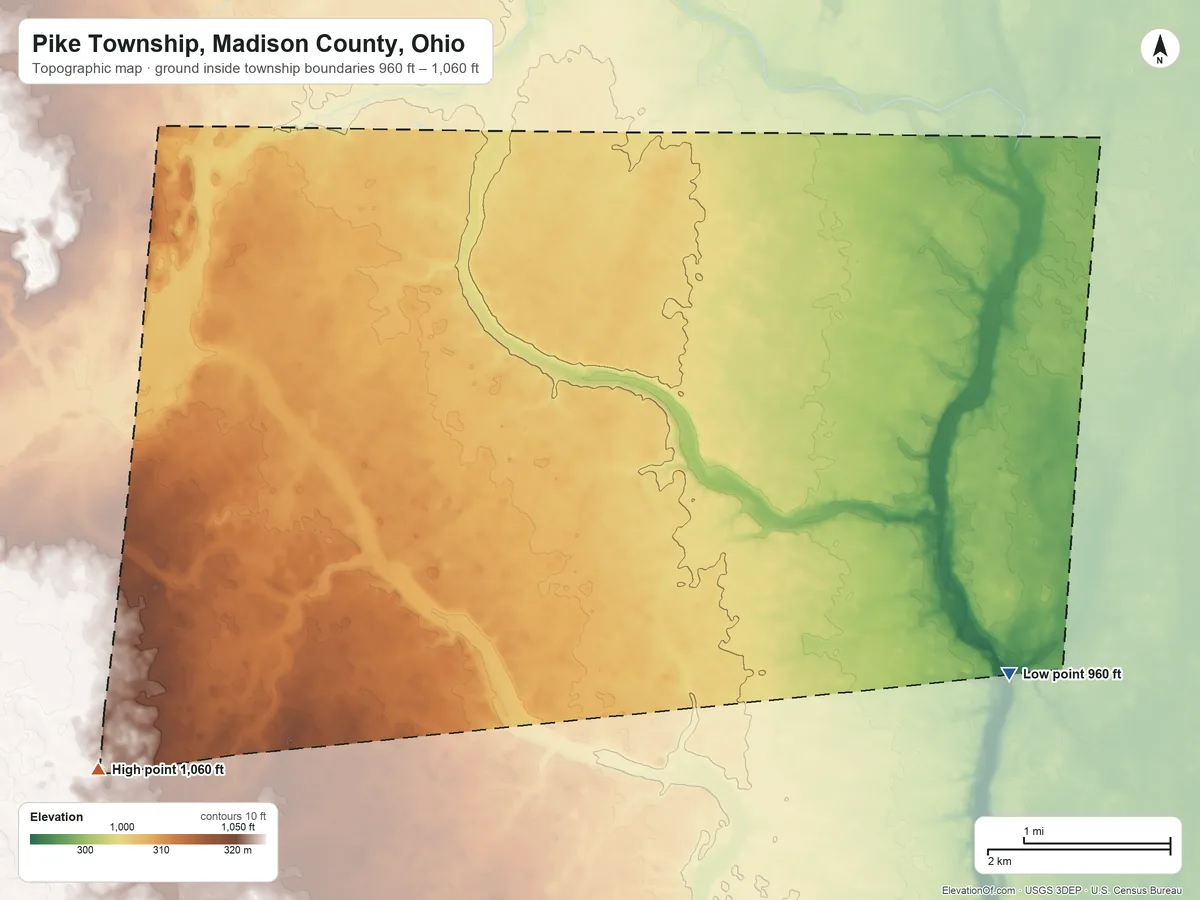 Topographic elevation map of Pike Township, Madison County, Ohio, shaded from 960 ft on the southeast side to 1,060 ft on the southwest side