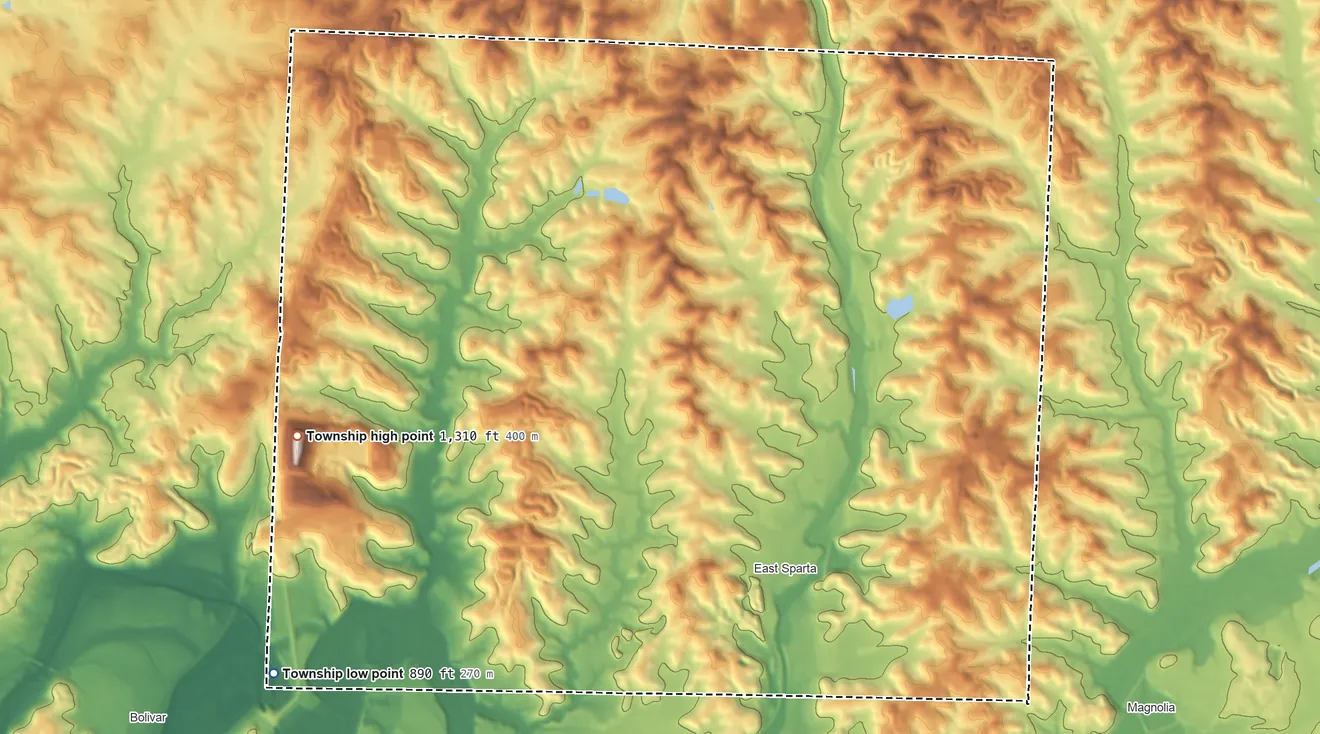 Topographic elevation map of Pike Township, Stark County, Ohio, shaded from 890 ft on the southwest side to 1,310 ft on the west side