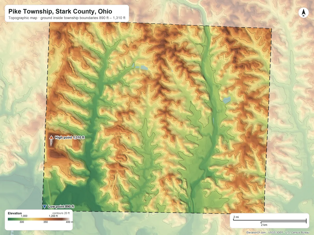 Topographic elevation map of Pike Township, Stark County, Ohio, shaded from 890 ft on the southwest side to 1,310 ft on the west side