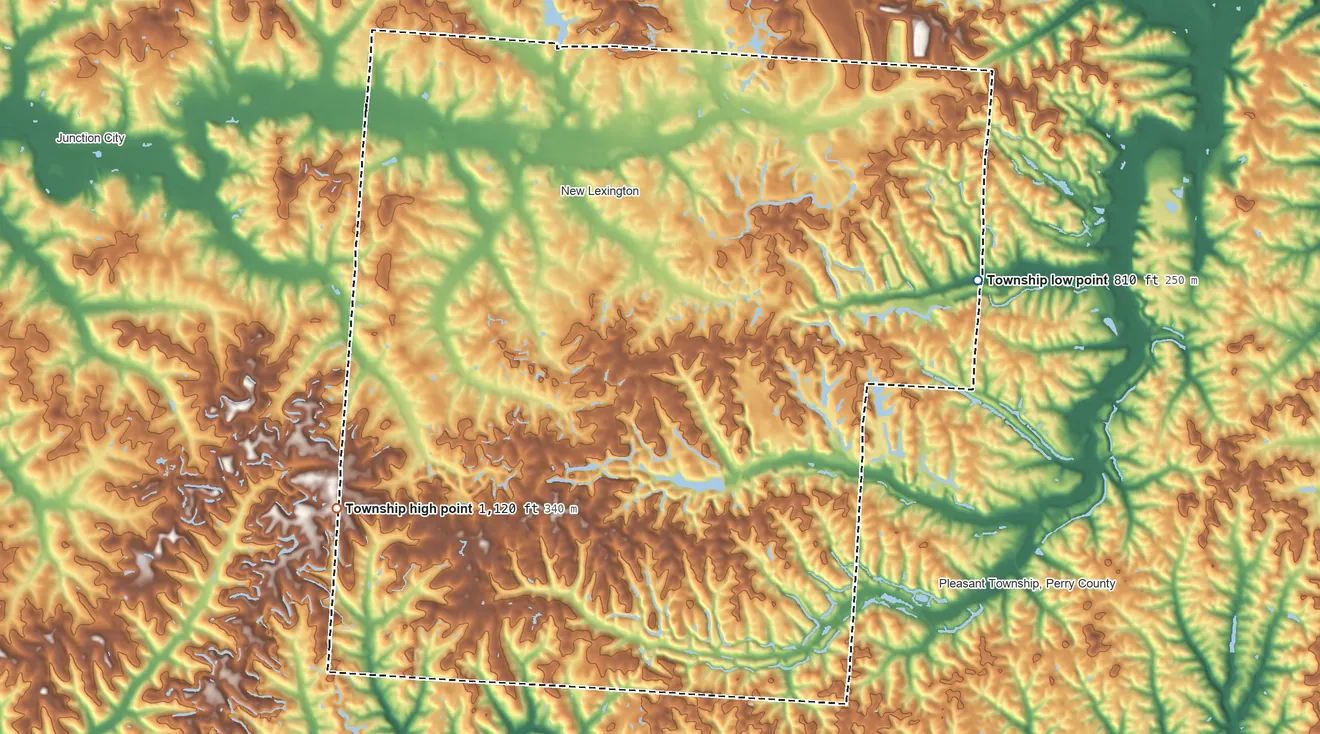 Topographic elevation map of Pike Township, Ohio, shaded from 810 ft on the east side to 1,120 ft on the southwest side