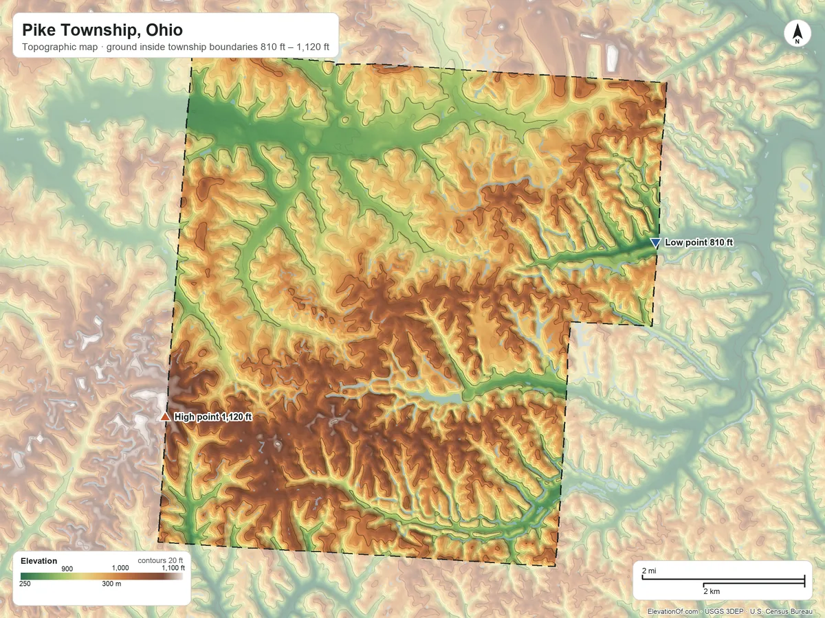Topographic elevation map of Pike Township, Ohio, shaded from 810 ft on the east side to 1,120 ft on the southwest side