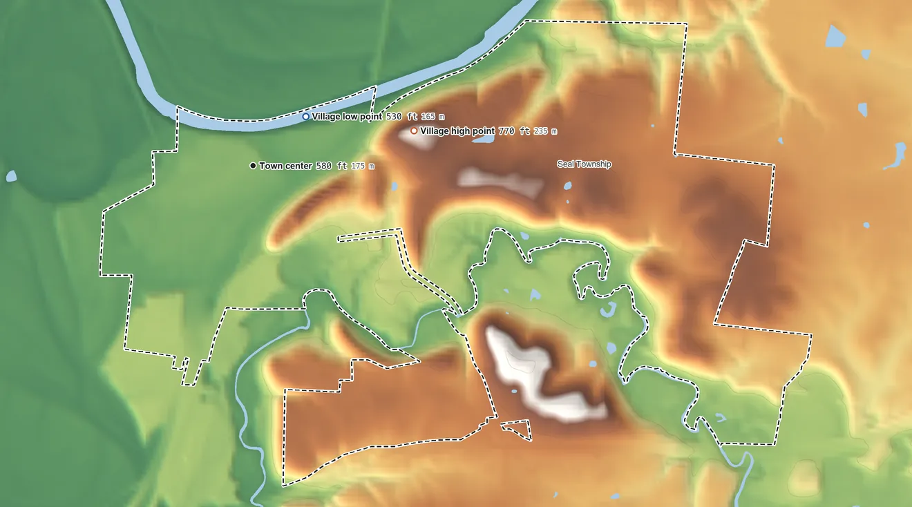Topographic elevation map of Piketon, Ohio, shaded from 530 ft near the middle to 770 ft on the east side