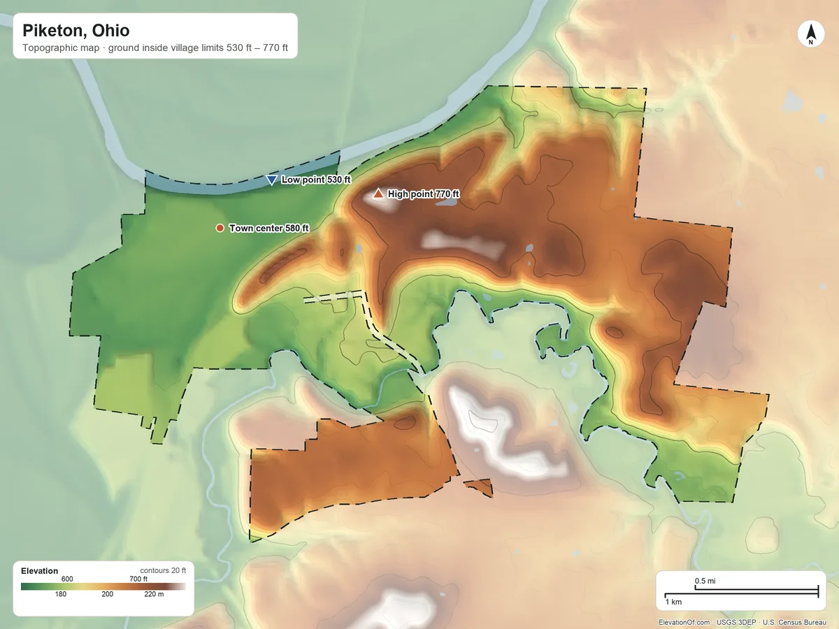 Topographic elevation map of Piketon, Ohio, shaded from 530 ft near the middle to 770 ft on the east side