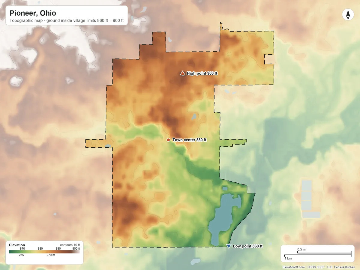 Topographic elevation map of Pioneer, Ohio, shaded from 860 ft on the southeast side to 900 ft on the north side