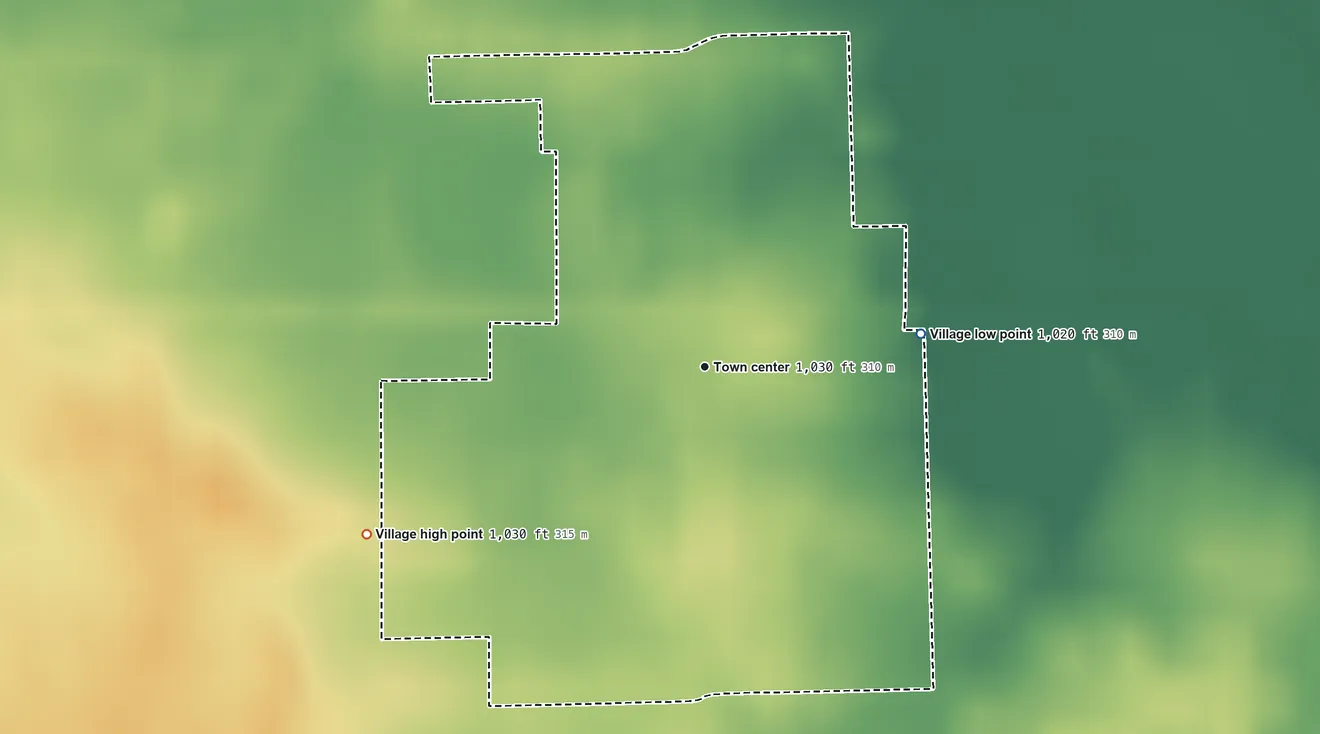 Topographic elevation map of Pitsburg, Ohio, shaded from 1,020 ft on the east side to 1,030 ft on the southwest side