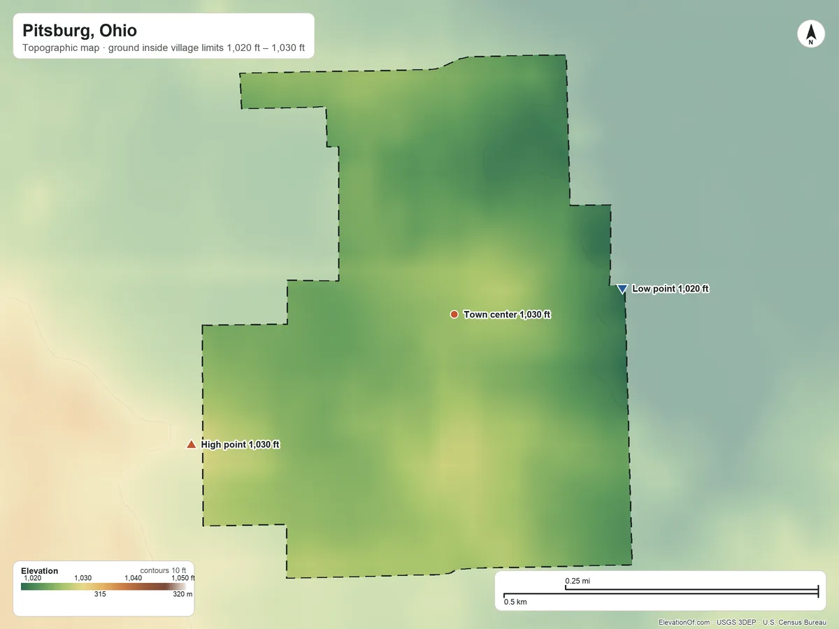 Topographic elevation map of Pitsburg, Ohio, shaded from 1,020 ft on the east side to 1,030 ft on the southwest side