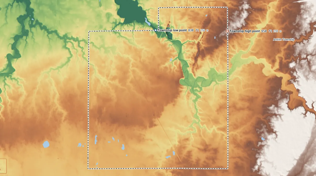 Topographic elevation map of Pitt Township, Ohio, shaded from 830 ft on the north side to 950 ft on the northeast side