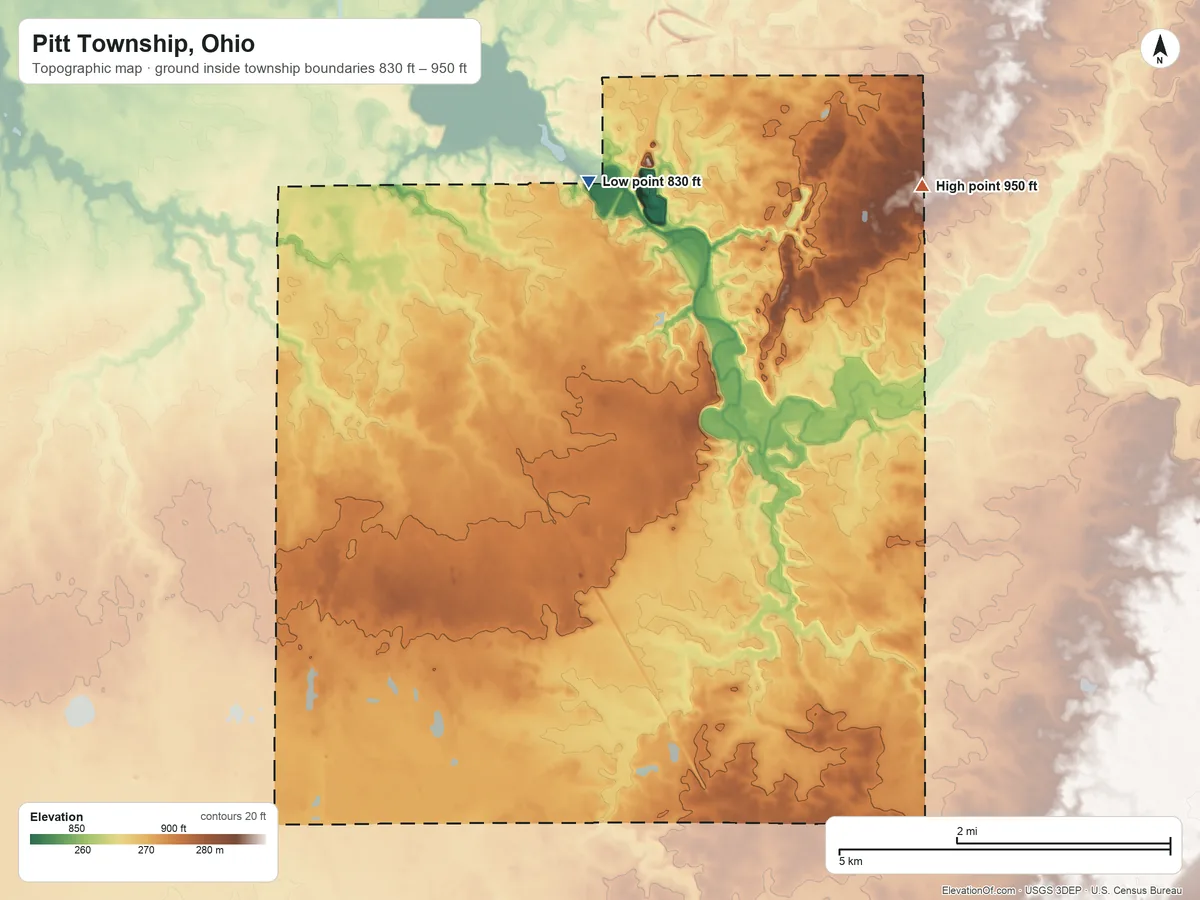 Topographic elevation map of Pitt Township, Ohio, shaded from 830 ft on the north side to 950 ft on the northeast side
