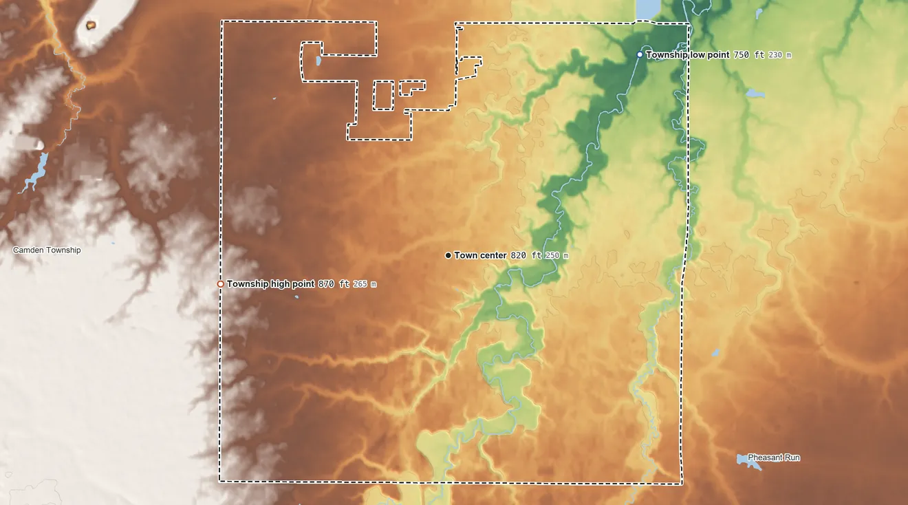 Topographic elevation map of Pittsfield Township, Ohio, shaded from 750 ft on the northeast side to 870 ft on the west side