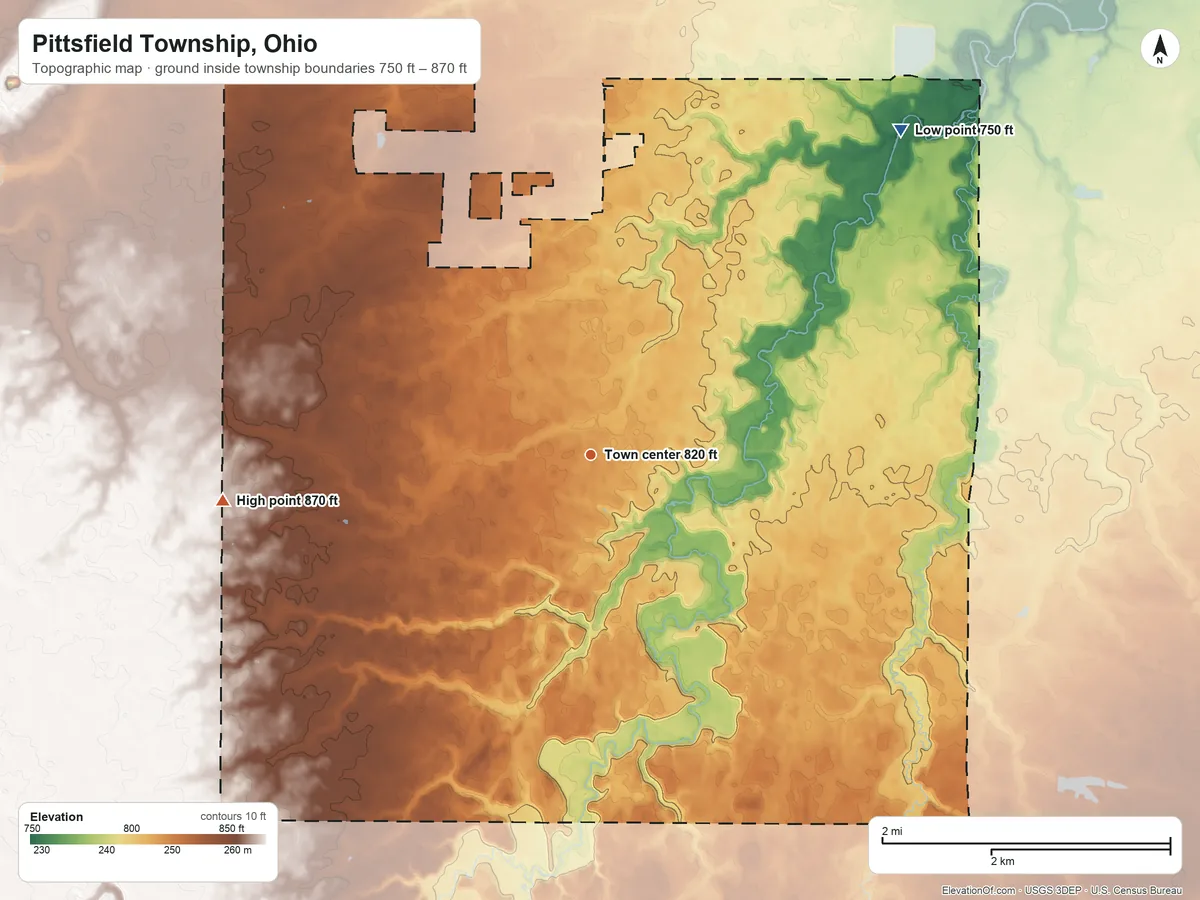 Topographic elevation map of Pittsfield Township, Ohio, shaded from 750 ft on the northeast side to 870 ft on the west side