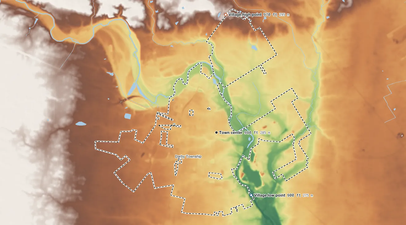 Topographic elevation map of Plain City, Ohio, shaded from 900 ft on the southeast side to 970 ft on the north side