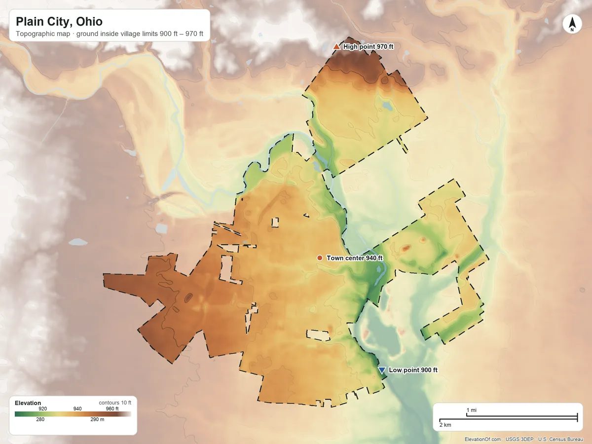 Topographic elevation map of Plain City, Ohio, shaded from 900 ft on the southeast side to 970 ft on the north side