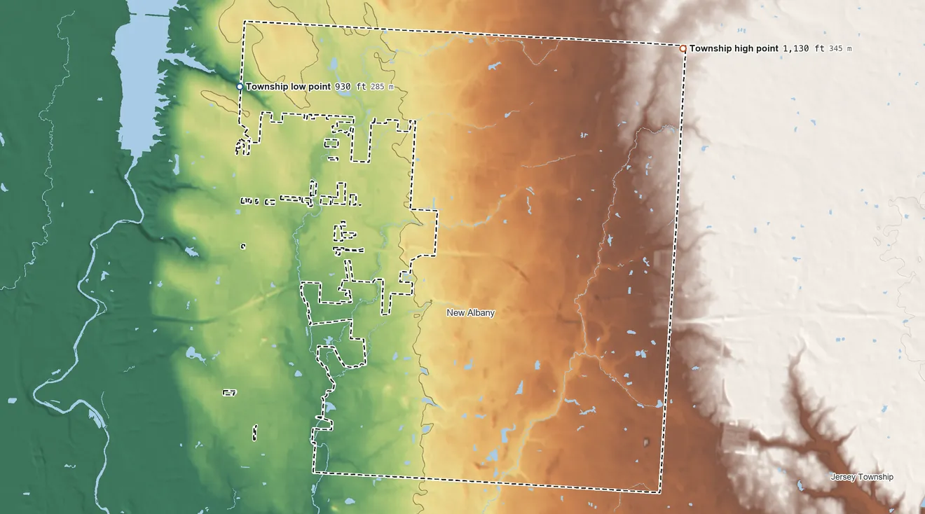 Topographic elevation map of Plain Township, Franklin County, Ohio, shaded from 930 ft on the northwest side to 1,130 ft on the northeast side
