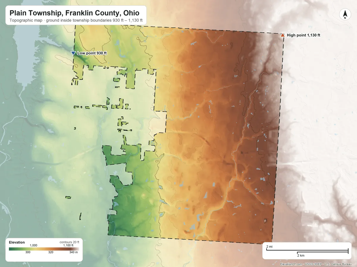 Topographic elevation map of Plain Township, Franklin County, Ohio, shaded from 930 ft on the northwest side to 1,130 ft on the northeast side
