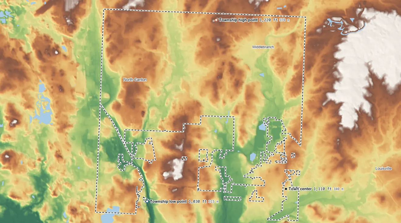 Topographic elevation map of Plain Township, Ohio, shaded from 1,030 ft on the west side to 1,220 ft on the north side