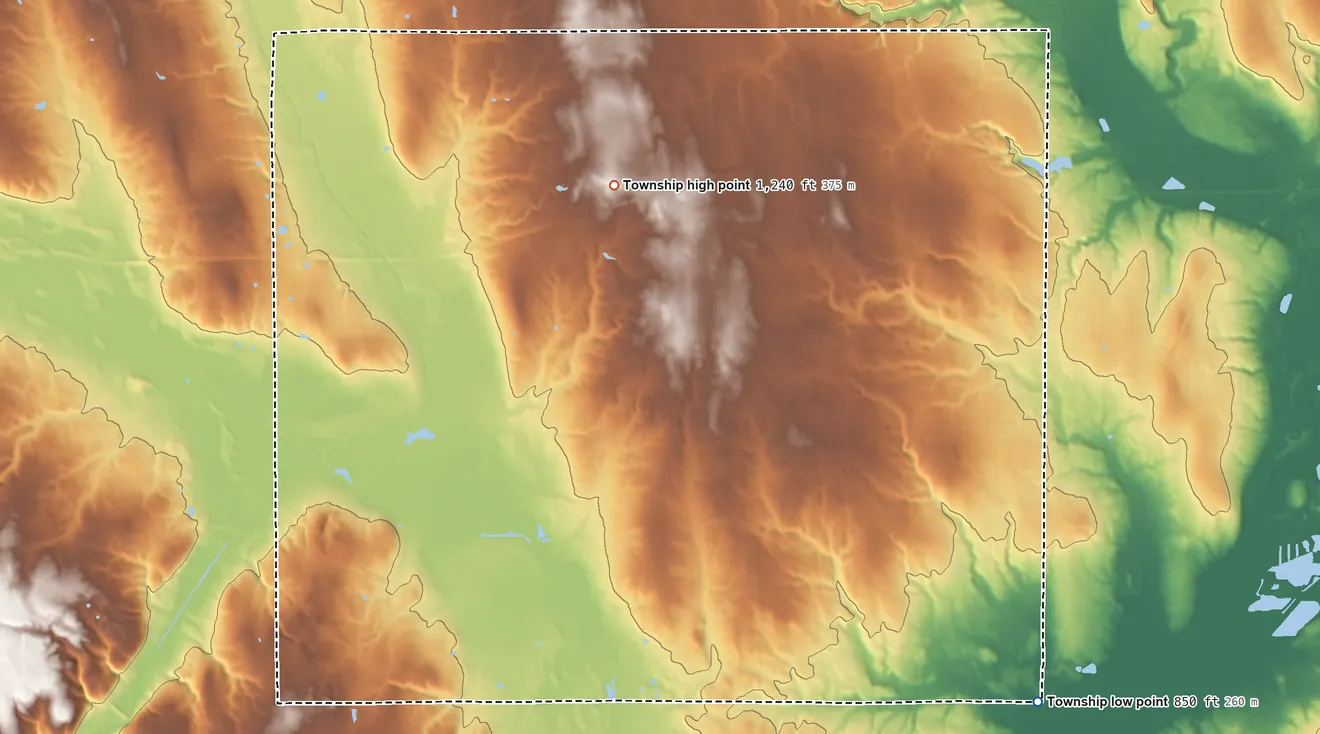 Topographic elevation map of Plain Township, Wayne County, Ohio, shaded from 850 ft on the southeast side to 1,240 ft on the northwest side