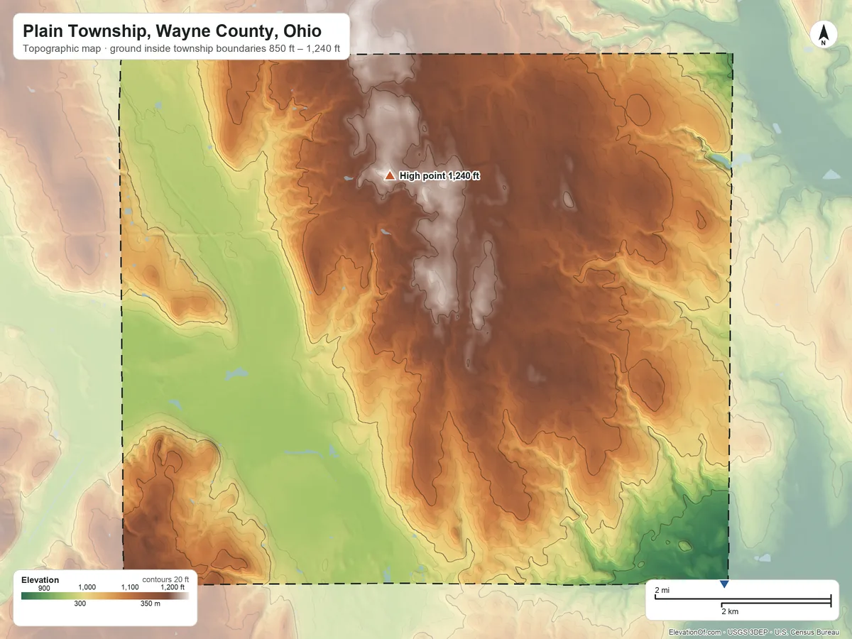 Topographic elevation map of Plain Township, Wayne County, Ohio, shaded from 850 ft on the southeast side to 1,240 ft on the northwest side