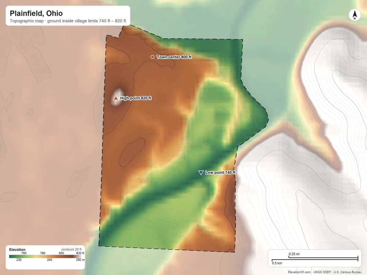 Topographic elevation map of Plainfield, Ohio, shaded from 740 ft on the southeast side to 820 ft on the southwest side