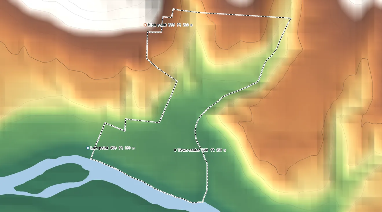 Topographic elevation map of Plainville, Ohio, shaded from 490 ft on the west side to 680 ft on the north side