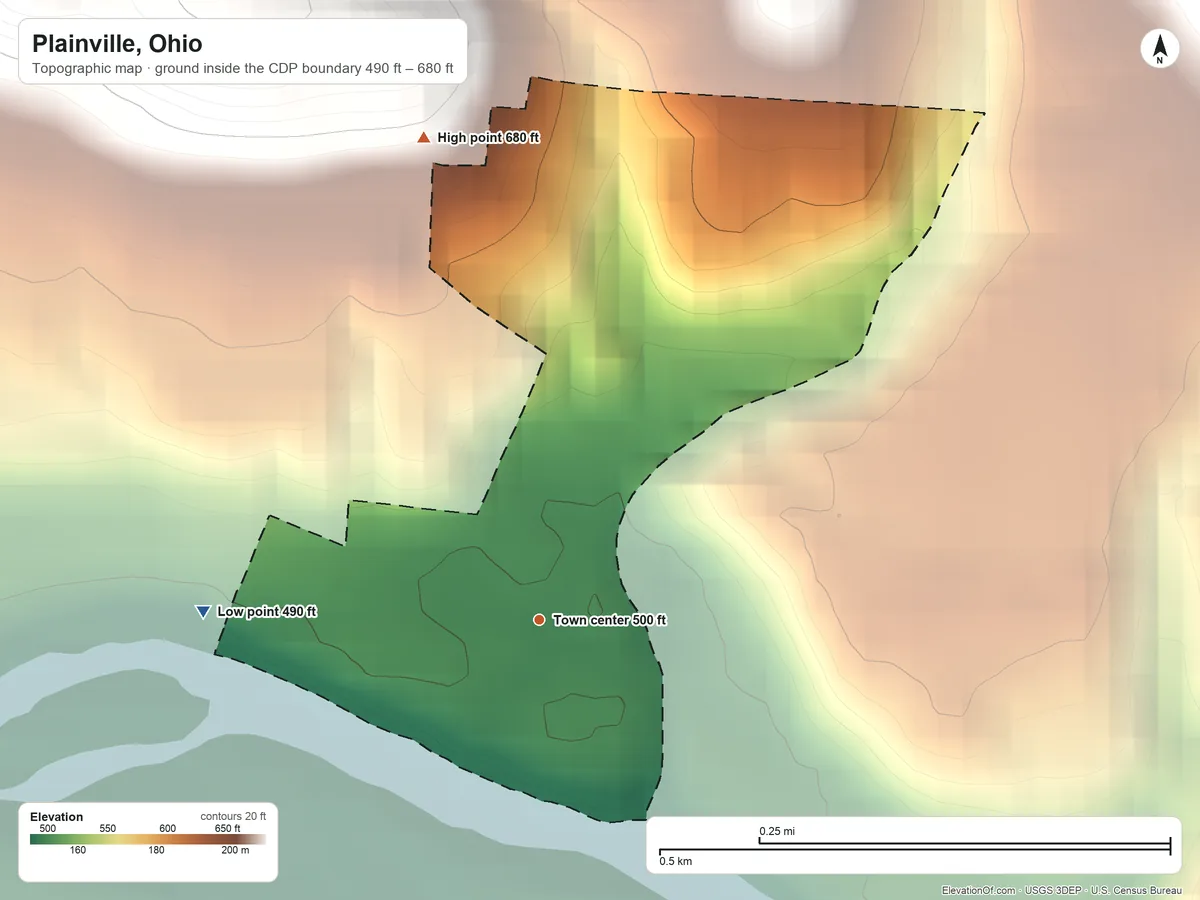 Topographic elevation map of Plainville, Ohio, shaded from 490 ft on the west side to 680 ft on the north side