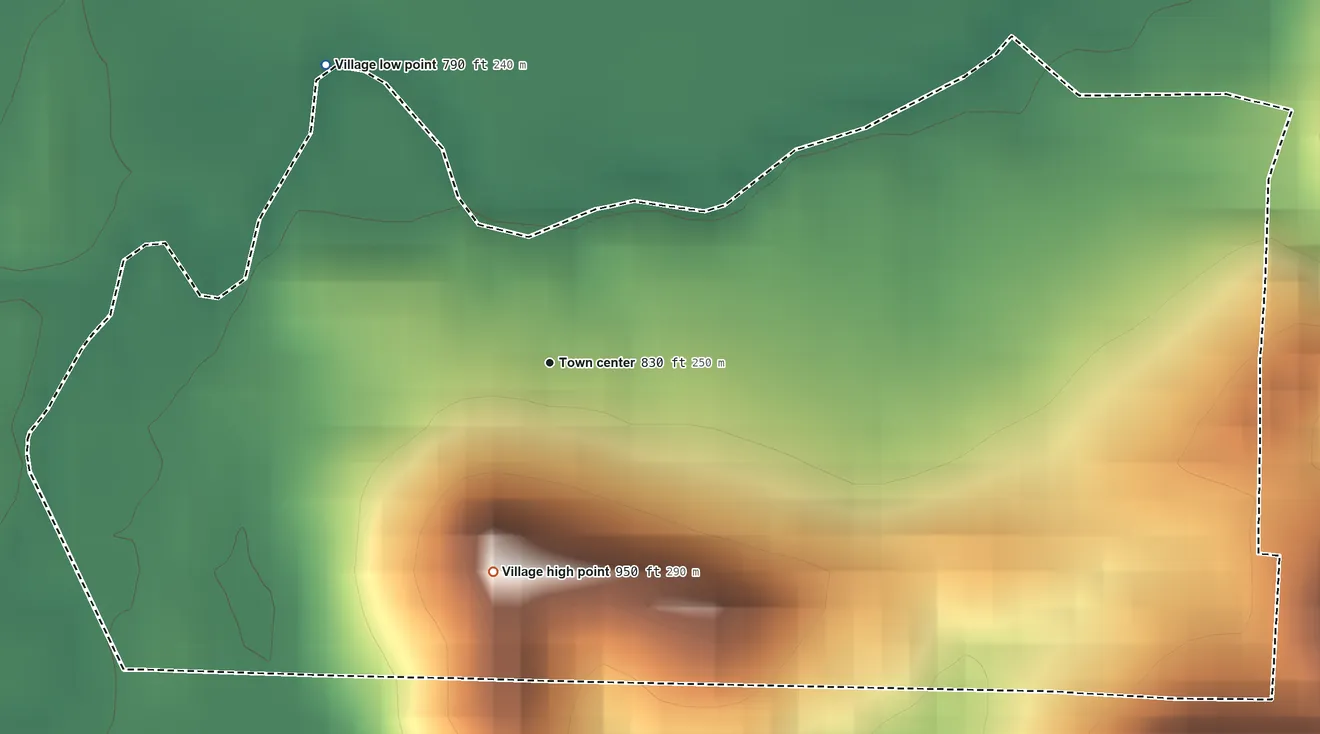 Topographic elevation map of Pleasant City, Ohio, shaded from 790 ft on the northwest side to 950 ft on the south side
