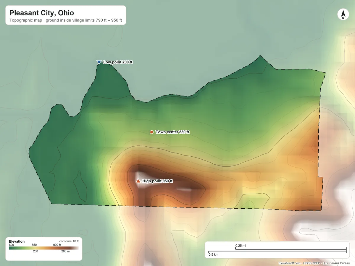 Topographic elevation map of Pleasant City, Ohio, shaded from 790 ft on the northwest side to 950 ft on the south side