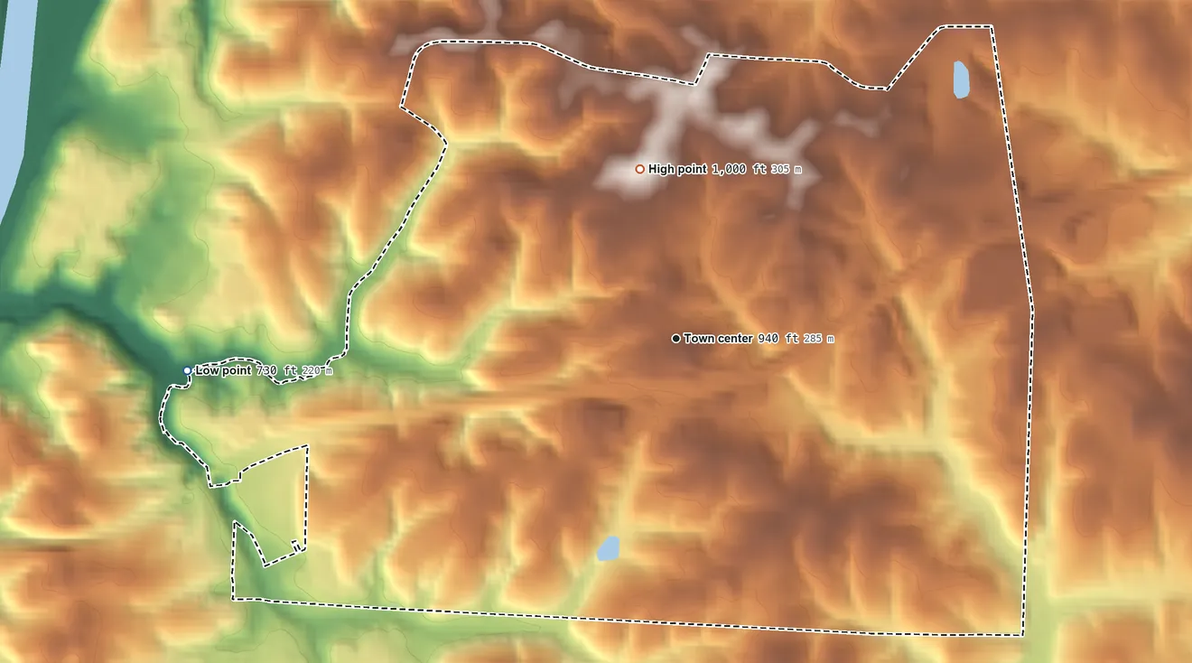 Topographic elevation map of Pleasant Grove, Ohio, shaded from 730 ft on the west side to 1,000 ft on the north side