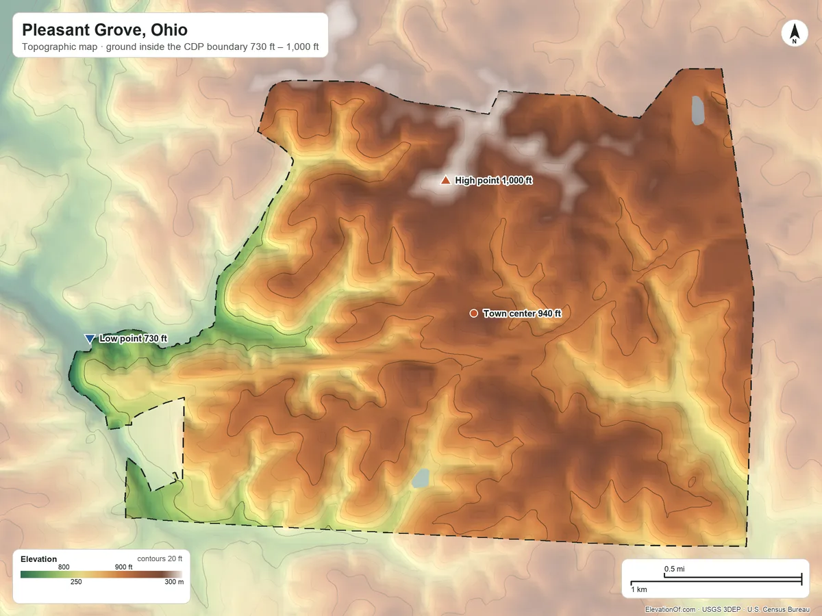 Topographic elevation map of Pleasant Grove, Ohio, shaded from 730 ft on the west side to 1,000 ft on the north side