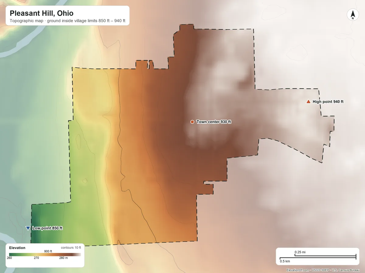 Topographic elevation map of Pleasant Hill, Ohio, shaded from 850 ft on the southwest side to 940 ft on the east side