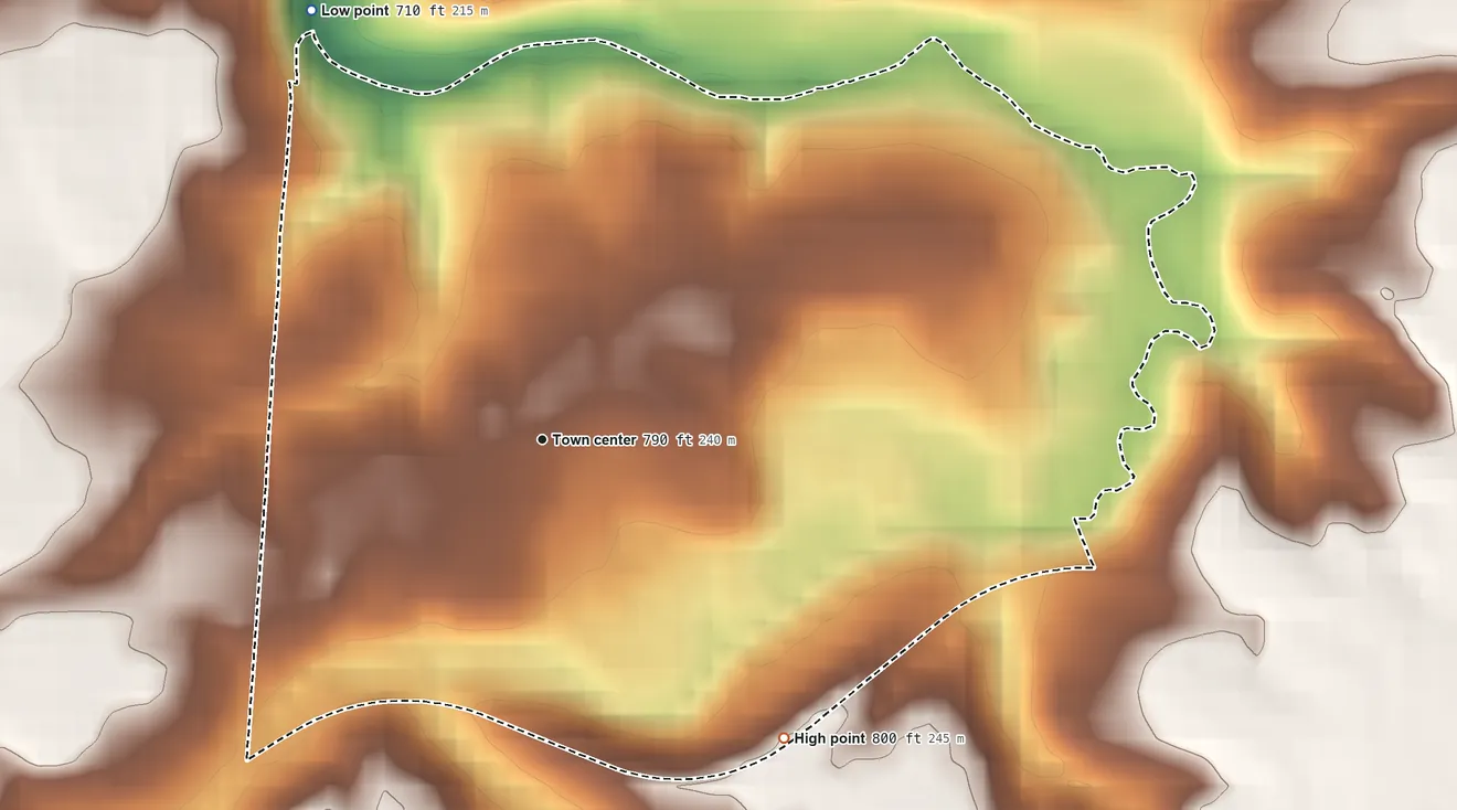 Topographic elevation map of Pleasant Hills, Ohio, shaded from 710 ft on the northwest side to 800 ft on the southeast side