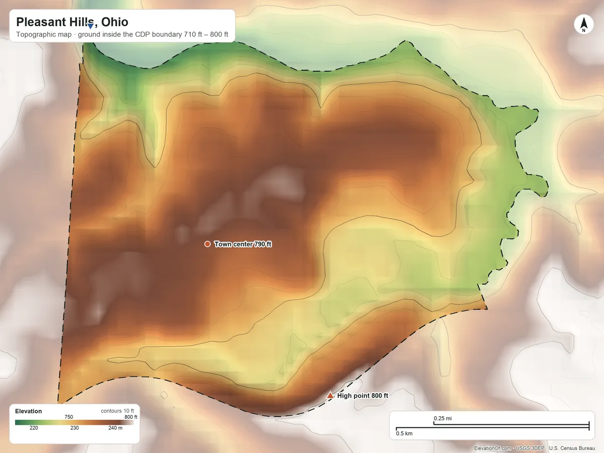 Topographic elevation map of Pleasant Hills, Ohio, shaded from 710 ft on the northwest side to 800 ft on the southeast side
