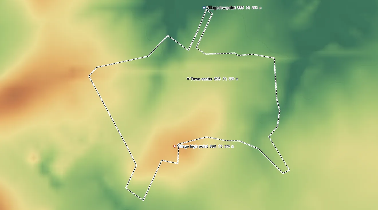 Topographic elevation map of Pleasant Plain, Ohio, shaded from 880 ft on the north side to 890 ft on the south side