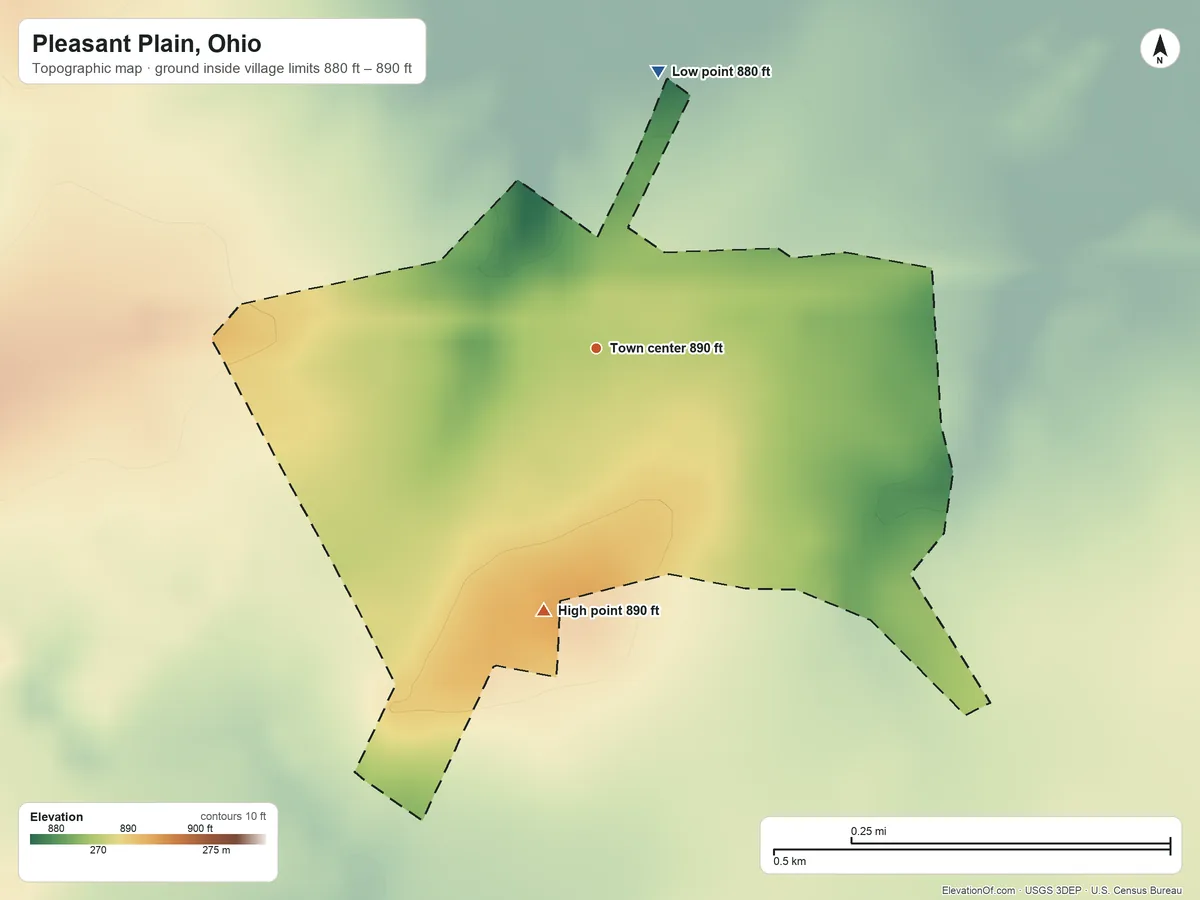 Topographic elevation map of Pleasant Plain, Ohio, shaded from 880 ft on the north side to 890 ft on the south side