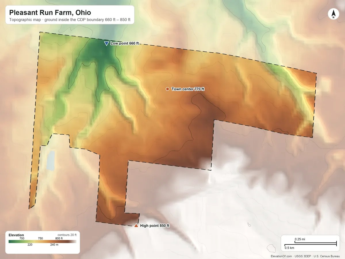 Topographic elevation map of Pleasant Run Farm, Ohio, shaded from 660 ft on the northwest side to 850 ft on the south side