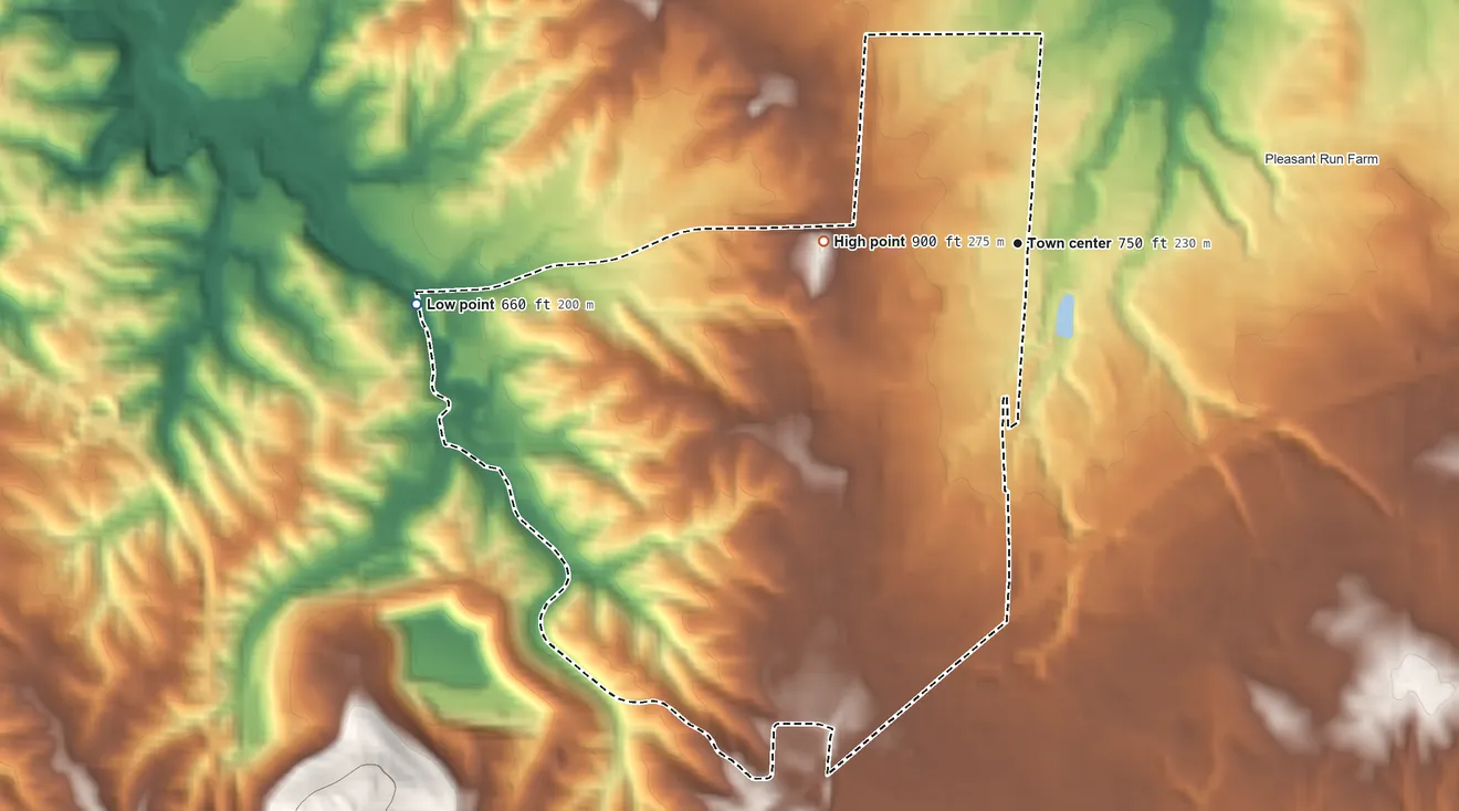 Topographic elevation map of Pleasant Run, Ohio, shaded from 660 ft on the west side to 900 ft on the west side