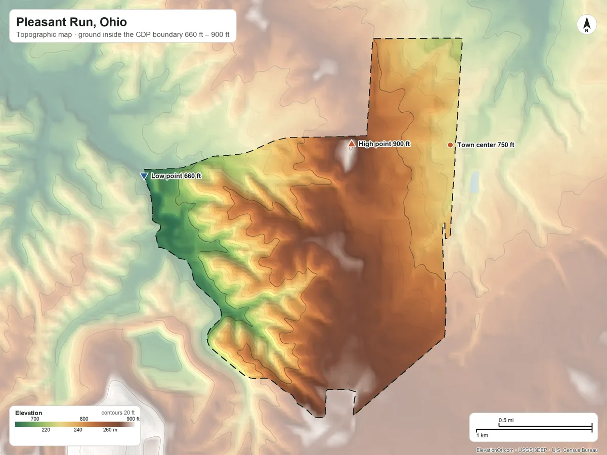 Topographic elevation map of Pleasant Run, Ohio, shaded from 660 ft on the west side to 900 ft on the west side