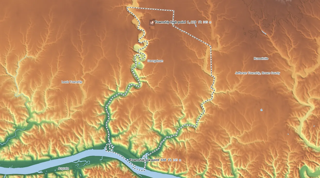 Topographic elevation map of Pleasant Township, Brown County, Ohio, shaded from 480 ft on the south side to 1,120 ft on the north side