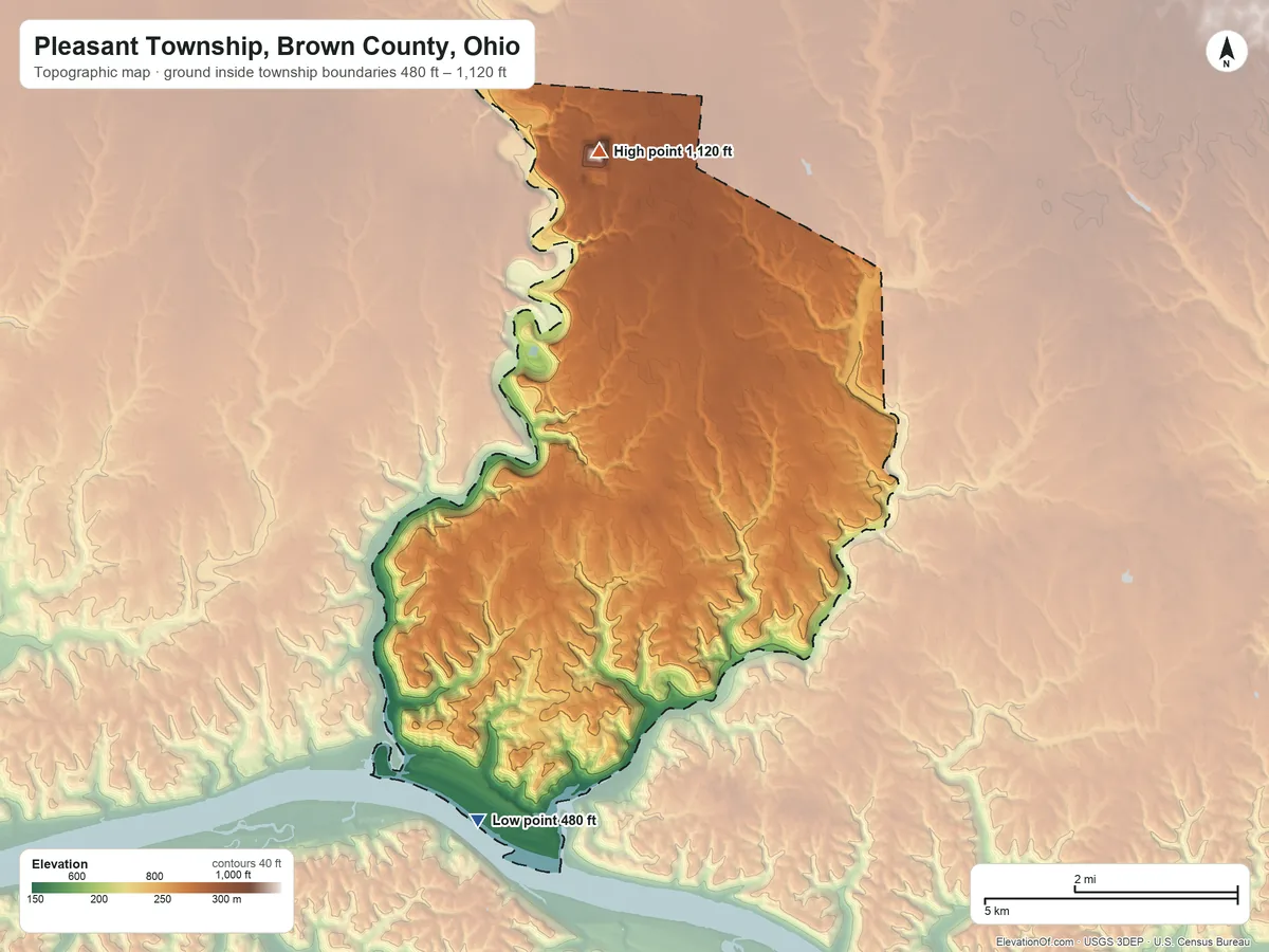 Topographic elevation map of Pleasant Township, Brown County, Ohio, shaded from 480 ft on the south side to 1,120 ft on the north side