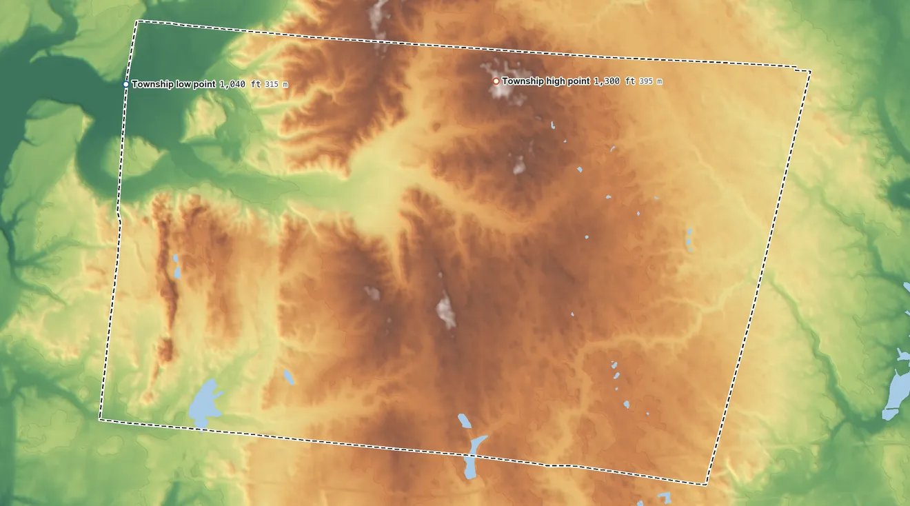Topographic elevation map of Pleasant Township, Clark County, Ohio, shaded from 1,040 ft on the northwest side to 1,300 ft on the northeast side