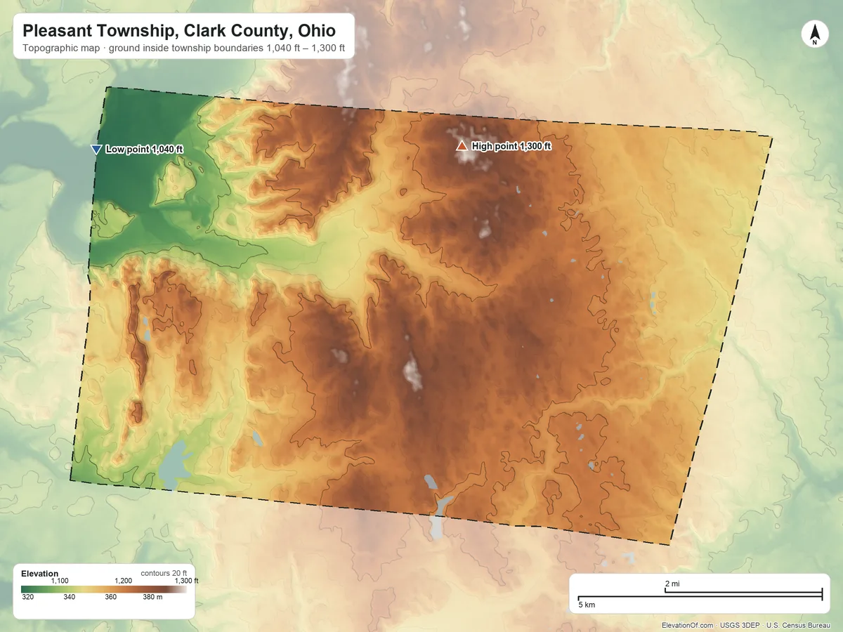 Topographic elevation map of Pleasant Township, Clark County, Ohio, shaded from 1,040 ft on the northwest side to 1,300 ft on the northeast side
