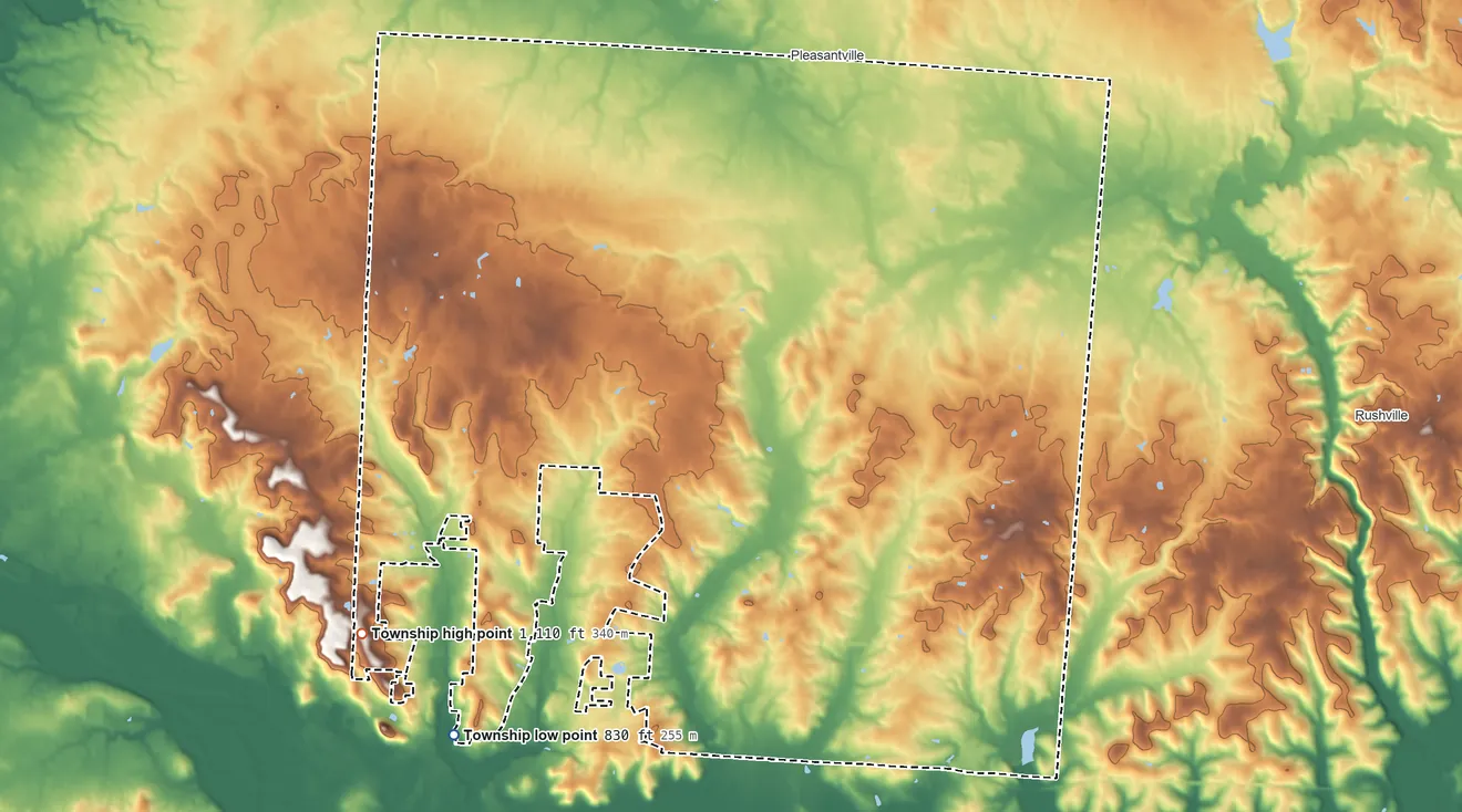 Topographic elevation map of Pleasant Township, Fairfield County, Ohio, shaded from 830 ft on the southwest side to 1,110 ft on the southwest side
