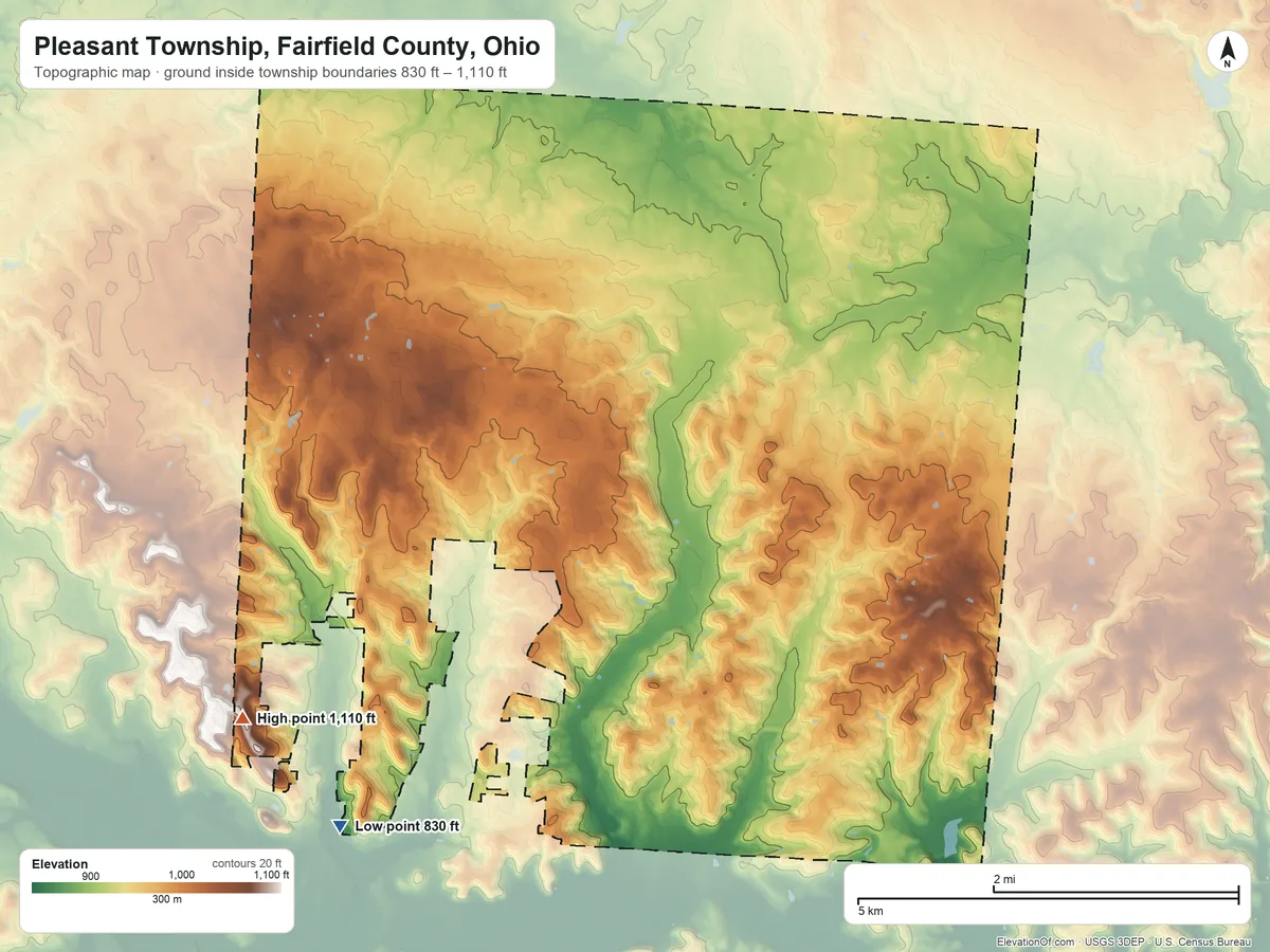 Topographic elevation map of Pleasant Township, Fairfield County, Ohio, shaded from 830 ft on the southwest side to 1,110 ft on the southwest side